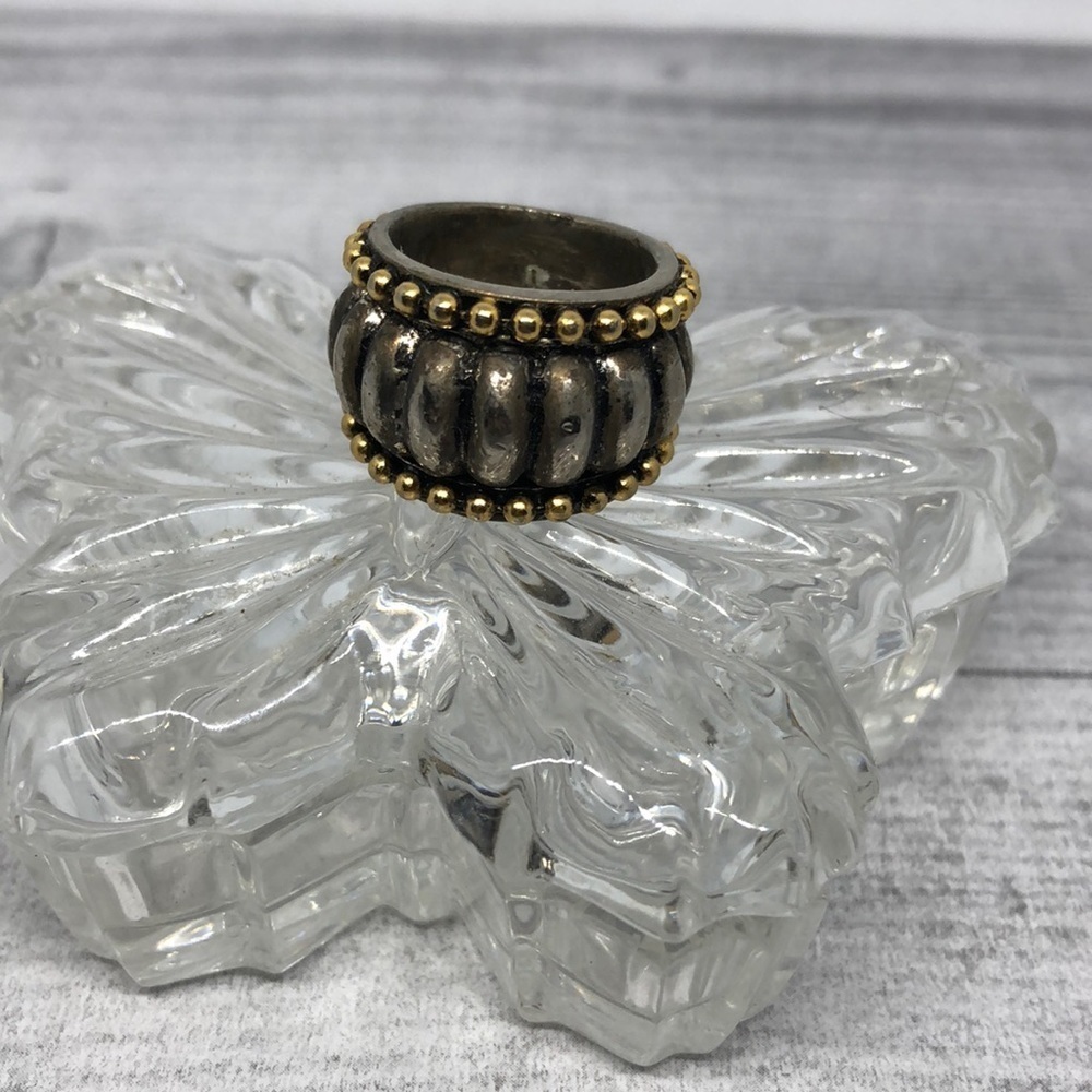 DESIGNER style wide costume statement ring textured band antique silver tone.